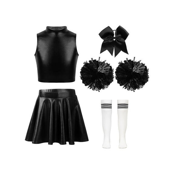 Doomiva Kids Girls Shiny Metallic Jazz Ballet Cheer Dance Crop Top with Pleated Skirt Headwear Hand Flowers Socks A White&Black 8