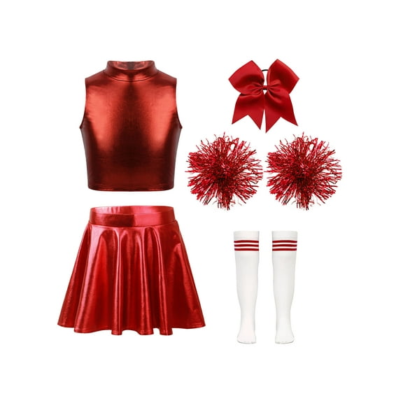 Doomiva Kids Girls Shiny Metallic Jazz Ballet Cheer Dance Crop Top with Pleated Skirt Headwear Hand Flowers Socks B Red 10