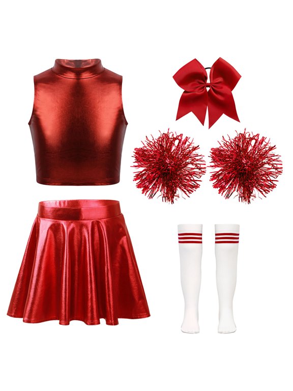 Kids Girls Shiny Metallic Jazz Ballet Cheer Dance Crop Top with Pleated Skirt Headwear Hand Flowers Socks B Red 12