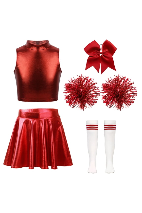 Kids Girls Shiny Metallic Jazz Ballet Cheer Dance Crop Top with Pleated Skirt Headwear Hand Flowers Socks B Red 12
