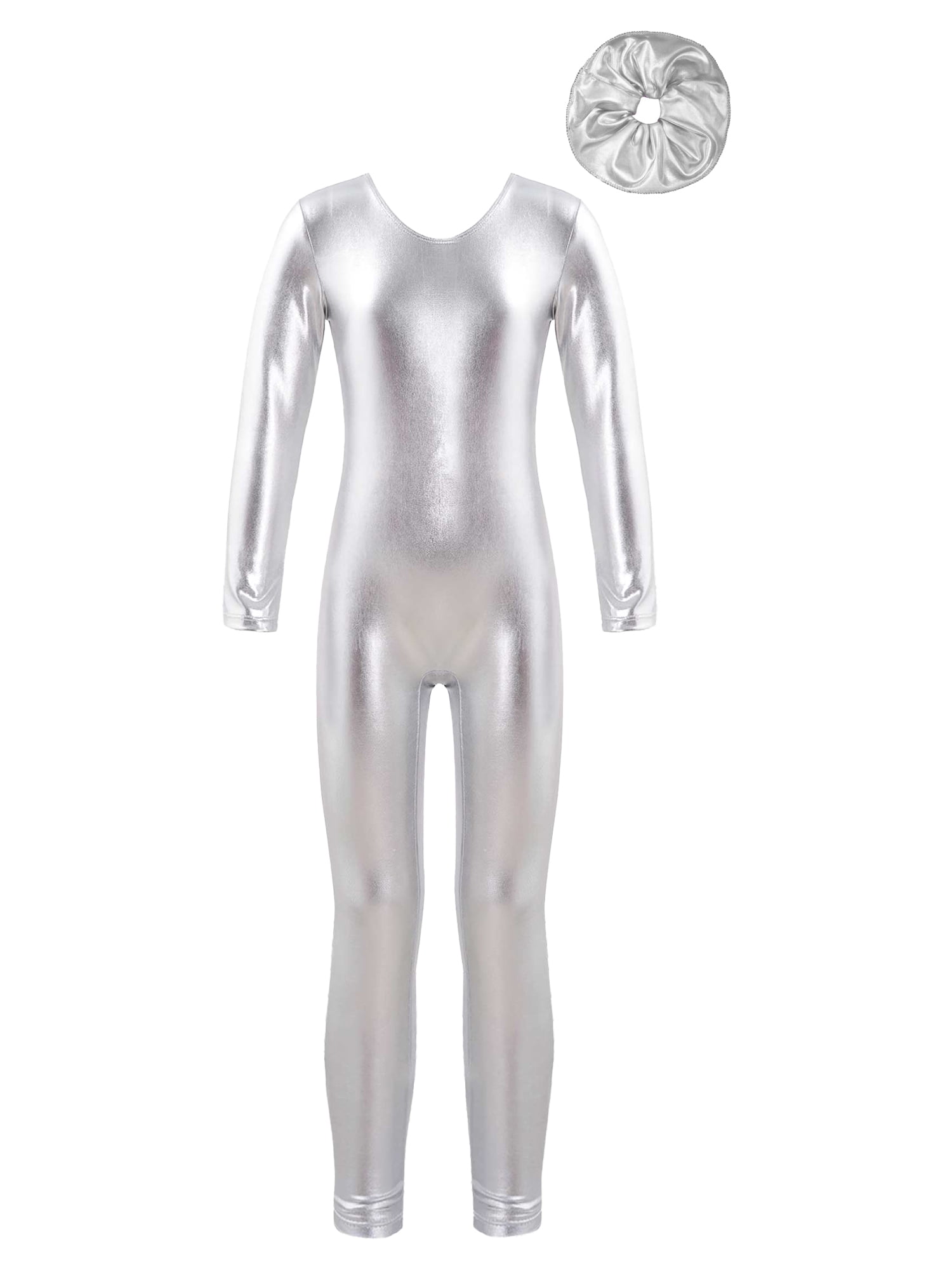 Doomiva Kids Girls Shiny Metallic Long Sleeve Full Body Bodysuit One Piece Jumpsuit with Hair Band Set A Silver 4