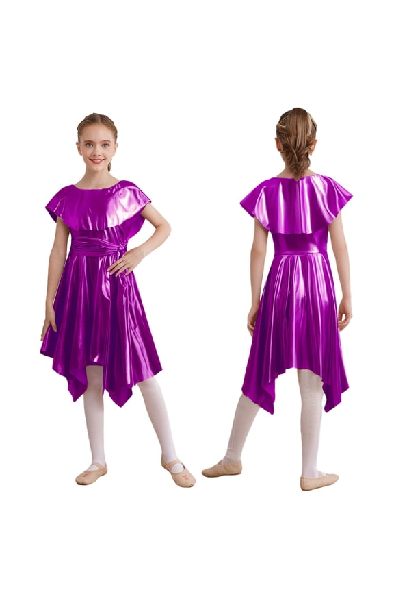 Kids Girls Shiny Metallic Lyrical Liturgical Choir Worship Praise Dance Dress Asymmetrical Hem Tunic Dancewear Purple 16