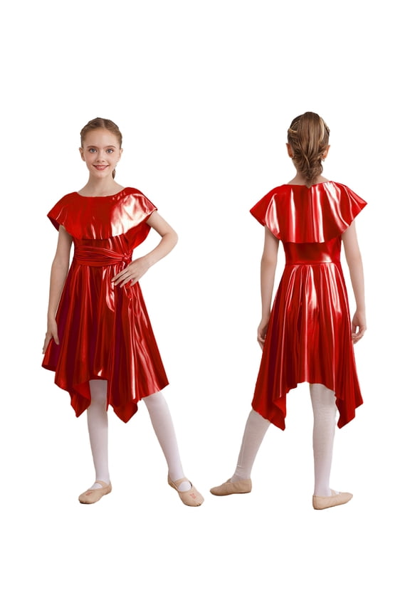 Kids Girls Shiny Metallic Lyrical Liturgical Choir Worship Praise Dance Dress Asymmetrical Hem Tunic Dancewear Red 8