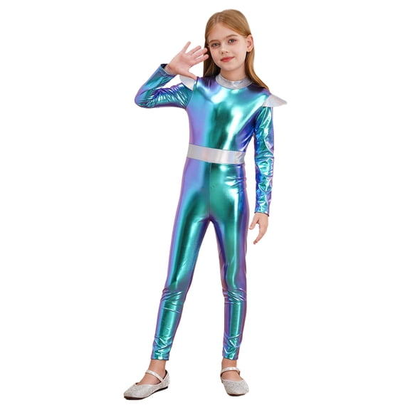 Doomiva Kids Girls Shiny Metallic One Piece Bodysuit Alien Outer Space Theme Party Dance Unitard Blue 6