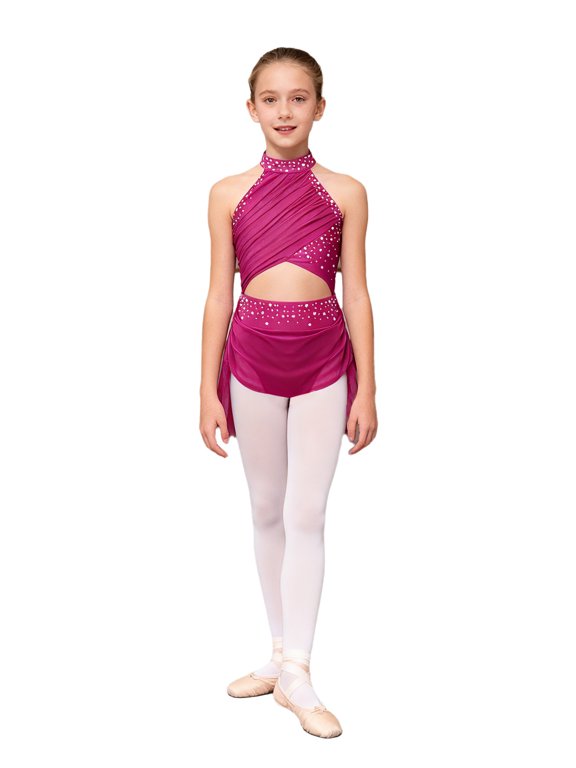 Kids Girls Shiny Rhinestone Backless Latin Jazz Leotard Dress Salsa Rumba Ballroom Costume Dancewear A Hot Pink 8