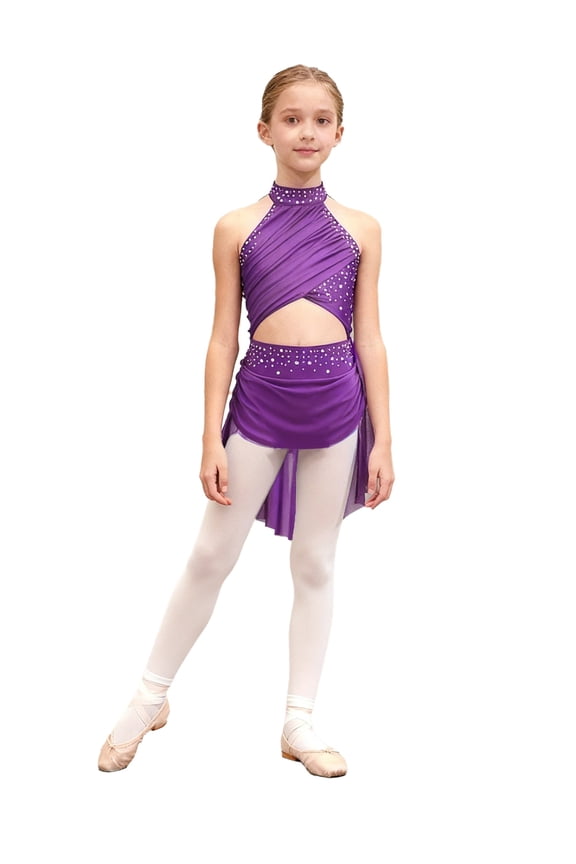 Kids Girls Shiny Rhinestone Backless Latin Jazz Leotard Dress Salsa Rumba Ballroom Dancewear Purple 16