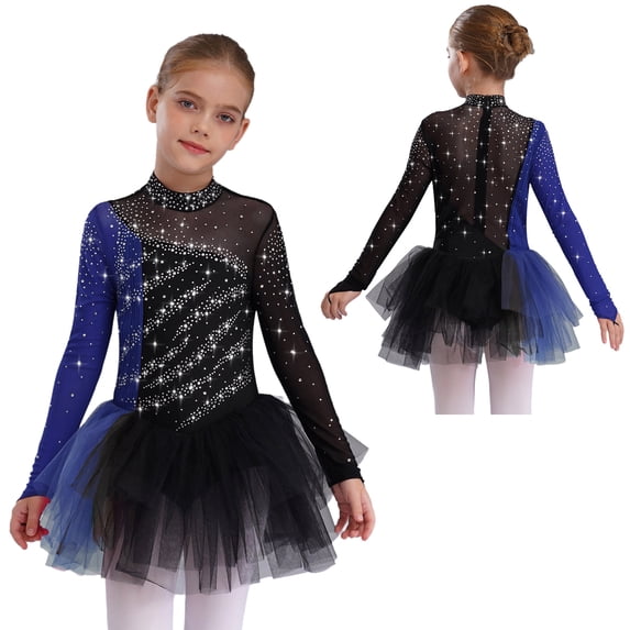 Doomiva Kids Girls Shiny Rhinestone Figure Ice Skating Dress Long Sleeve Ballet Lyrical Dance Dress for Performance Black Blue 16