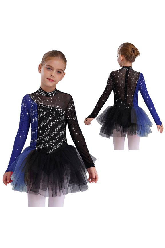 Kids Girls Shiny Rhinestone Figure Ice Skating Dress Long Sleeve Ballet Lyrical Dance Dress for Performance Black Blue 6