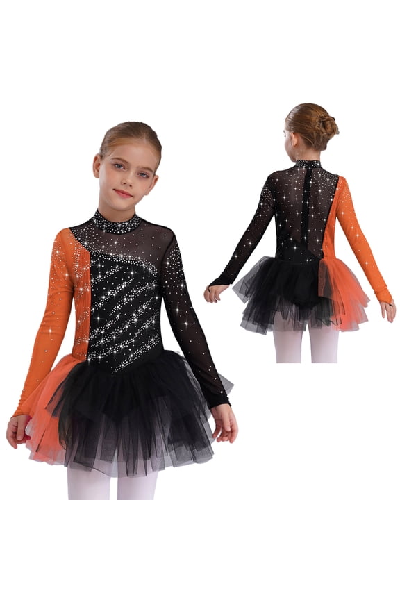 Kids Girls Shiny Rhinestone Figure Ice Skating Dress Long Sleeve Ballet Lyrical Dance Dress for Performance Black Orange 6
