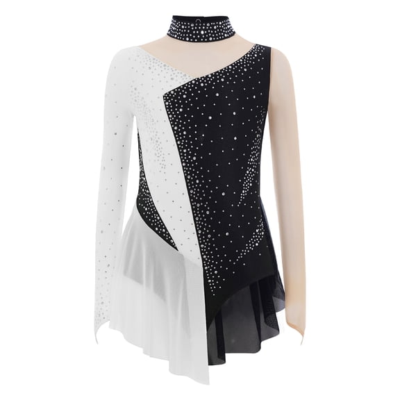 Doomiva Kids Girls Shiny Rhinestone Figure Ice Skating Dress Long Sleeve Mesh Spliced Gymnastics Ballet Leotard White 6