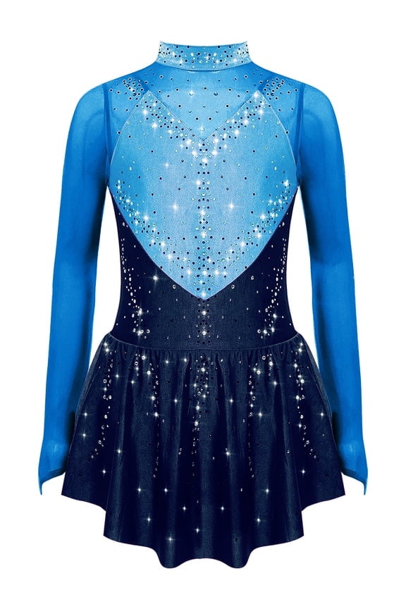 Kids Girls Shiny Rhinestone Figure Skating Dress Long Sleeve Ballet Lyrical Dance Dress for Performance Blue 14