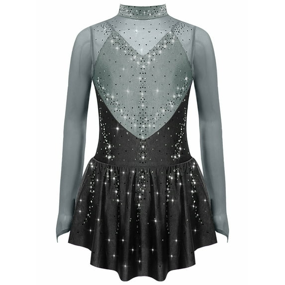 Doomiva Kids Girls Shiny Rhinestone Figure Skating Dress Long Sleeve Ballet Lyrical Dance Dress for Performance Gray&Black 16