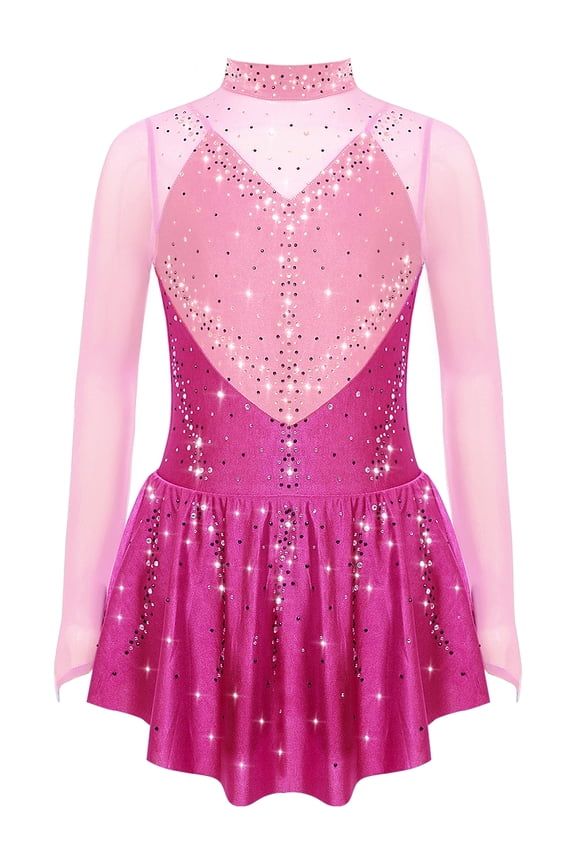 Kids Girls Shiny Rhinestone Figure Skating Dress Long Sleeve Ballet Lyrical Dance Dress for Performance Hot Pink 6