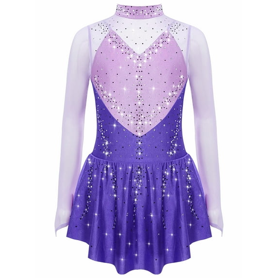 Doomiva Kids Girls Shiny Rhinestone Figure Skating Dress Long Sleeve Ballet Lyrical Dance Dress for Performance Purple 12