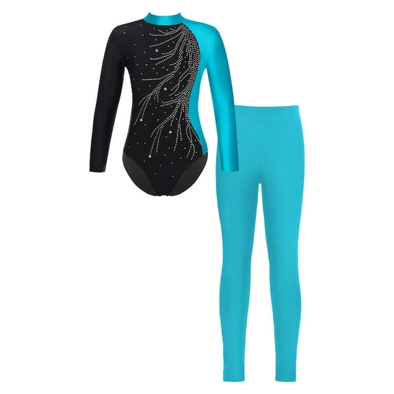 Doomiva Kids Girls Shiny Rhinestone Long Sleeve Bodysuit Unitard Gymnastics Ballet Dance Leotard with Leggings Set Lake Green 8