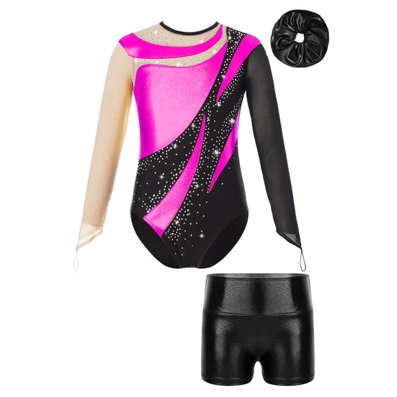 Doomiva Kids Girls Shiny Rhinestone Mesh Long Sleeve Gymnastics Leotard and Shorts Hair Band Hot Pink&Black 8