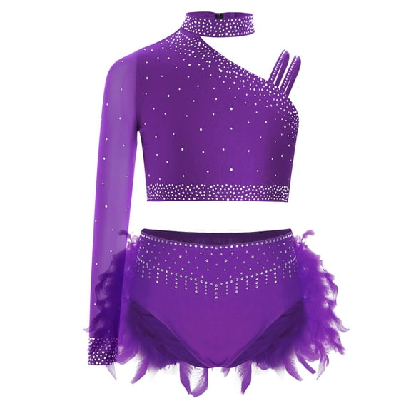 Doomiva Kids Girls Shiny Rhinestone Modern Latin Dance Crop Tops and Feather Skirted Briefs Set Competition Dancewear Purple 6