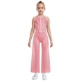 thumbnail image 1 of Doomiva Kids Girls Shiny Rhinestone Sleeveless Halter Neck Wide Leg Bodysuit Skating Jumpsuit Pink 6, 1 of 5