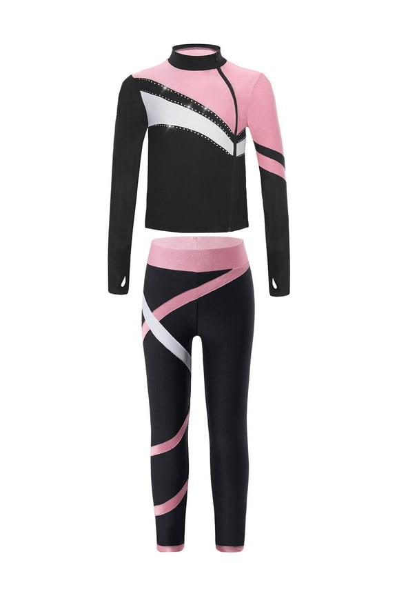 Kids Girls Shiny Rhinestones Contrast Color Patchwork Sport Tops Long Sleeve Zipper Jacket with Leggings Trousers Set Pink 6
