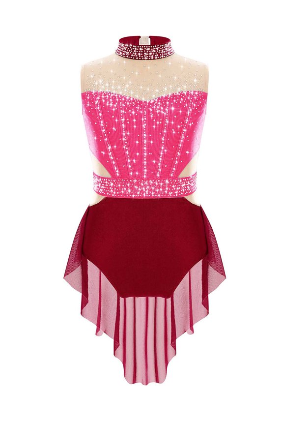 Kids Girls Shiny Rhinestones Figure Skating Dress Mesh Skirted Leotard Ballet Lyrical Dancewear Burgundy 6