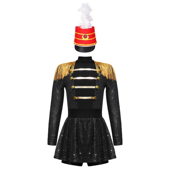 Doomiva Kids Girls Shiny Ringmaster Halloween Dancewear Sequins Tassel Cap Leotard Dress Cheer Leader Uniform Black&Red-D 6