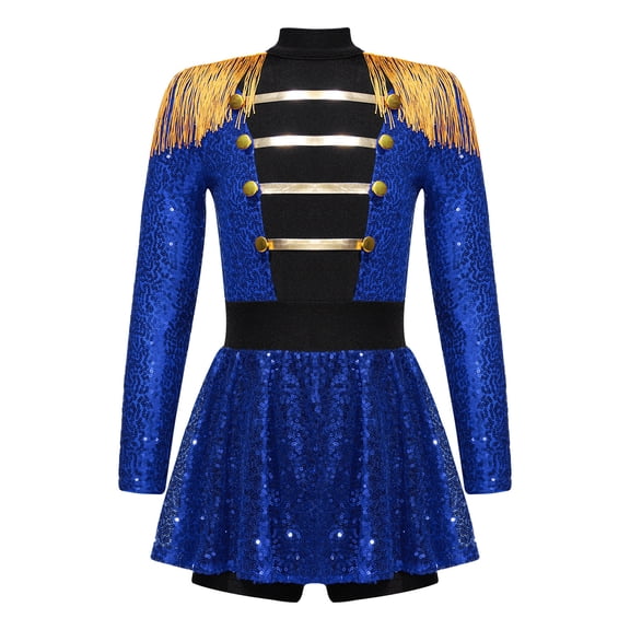 Doomiva Kids Girls Shiny Ringmaster Halloween Dancewear Sequins Tassel Cap Leotard Dress Cheer Leader Uniform Blue 16
