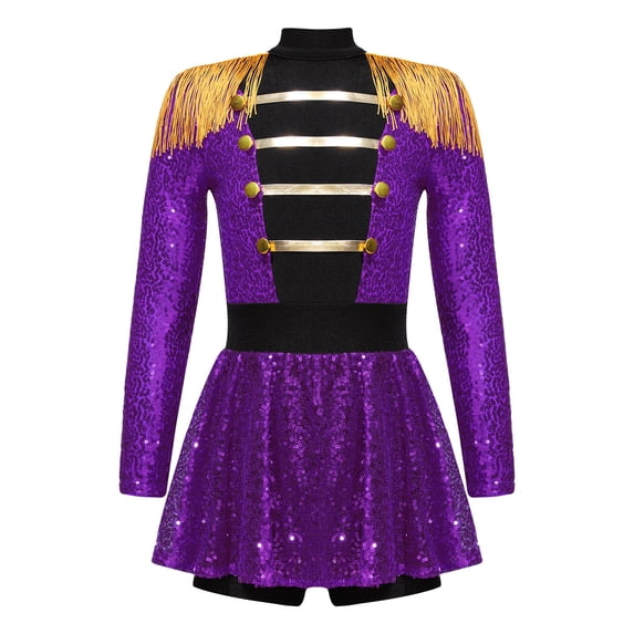 Doomiva Kids Girls Shiny Ringmaster Halloween Dancewear Sequins Tassel Cap Leotard Dress Cheer Leader Uniform Purple 12
