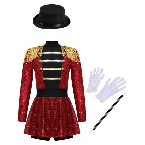 Doomiva Kids Girls Shiny Ringmaster Halloween Dancewear Sequins Tassel Cap Leotard Dress Cheer Leader Uniform Red-Set 16