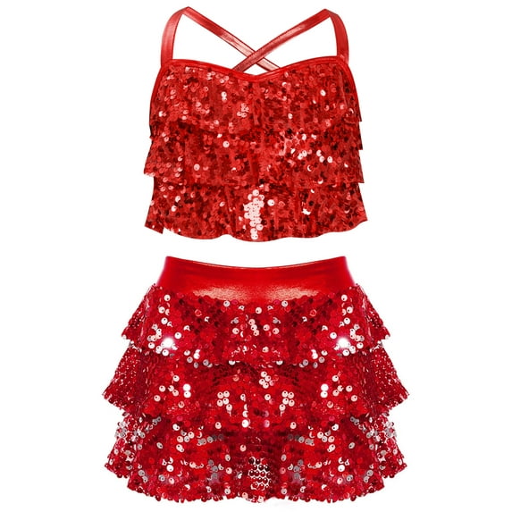 Doomiva Kids Girls Shiny Sequins Halter Tassel Crop Top with Mini Skirt Set Latin Jazz Salsa Samba Rumba Dance Outfits Red 6