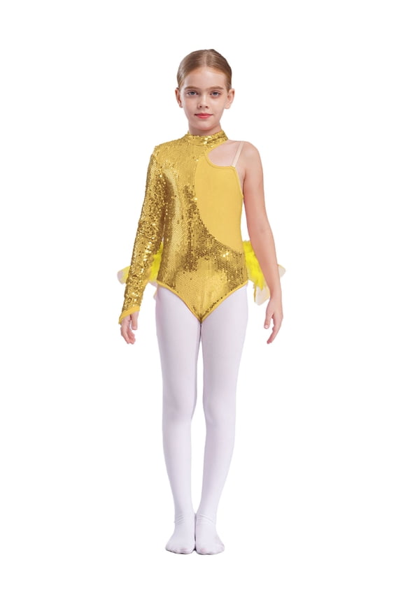 Kids Girls Single Long Sleeve Sequins Oblique Shoulder Strap Ballet Leotard Tutu Dress Dancewear Gold 6