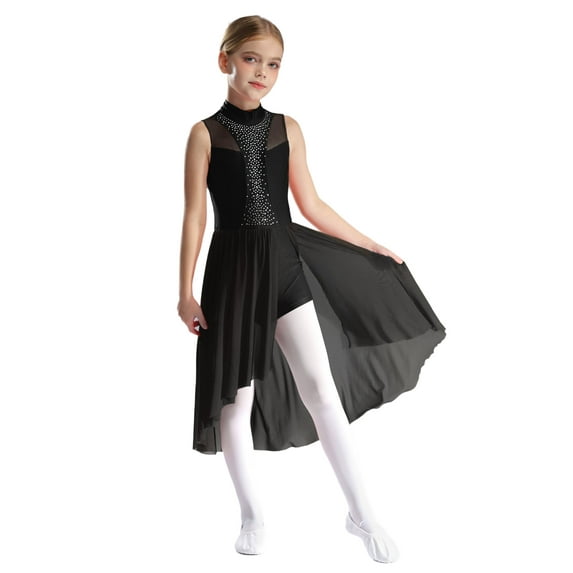Doomiva Kids Girls Sleeveless Ballet Lyrical Dance Dress Sparkly Figure Skating Dress High-Low Skirt Leotard Dancewear Black 10