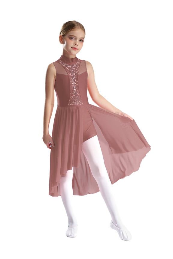 Kids Girls Sleeveless Ballet Lyrical Dance Dress Sparkly Figure Skating Dress High-Low Skirt Leotard Dancewear Dusty Pink 6