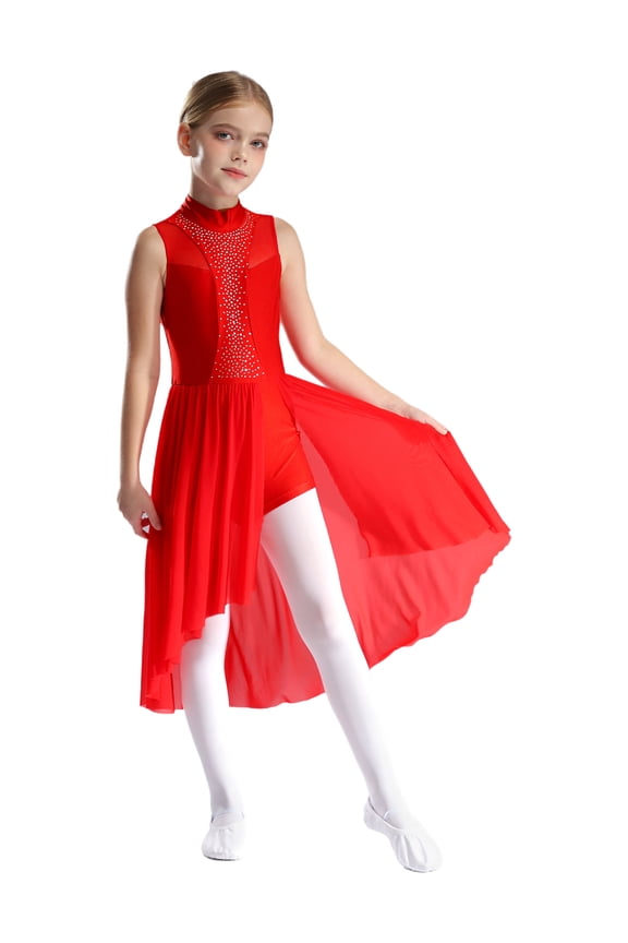 Kids Girls Sleeveless Ballet Lyrical Dance Dress Sparkly Figure Skating Dress High-Low Skirt Leotard Dancewear Red 6