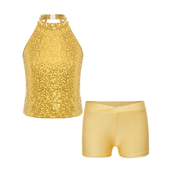 Doomiva Kids Girls Sleeveless Halter Sequins Ballet Dance Crop Top with Gymnastics Athletic Shorts Set Tracksuit Yellow 8