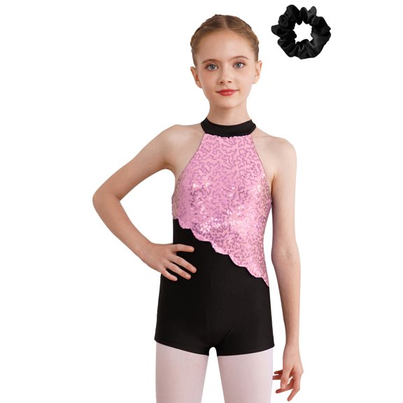 Doomiva Kids Girls Sleeveless Mock Neck Sequins Latin Jazz Ballet Dance Jumpsuit Biketard Unitard and Hair Scrunchies Pink&Black 6