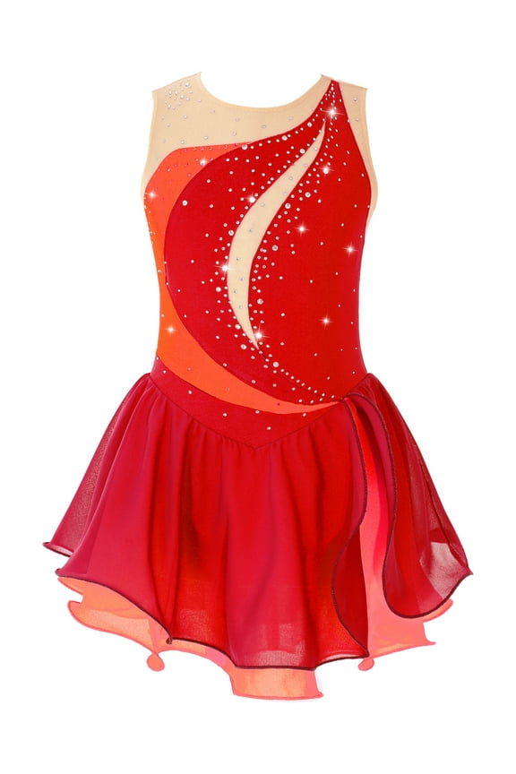 Kids Girls Sleeveless Sequins Rhinestone Figure Ice Skating Dress Ballet Leotard Tutu Dress Dancewear A Red 14