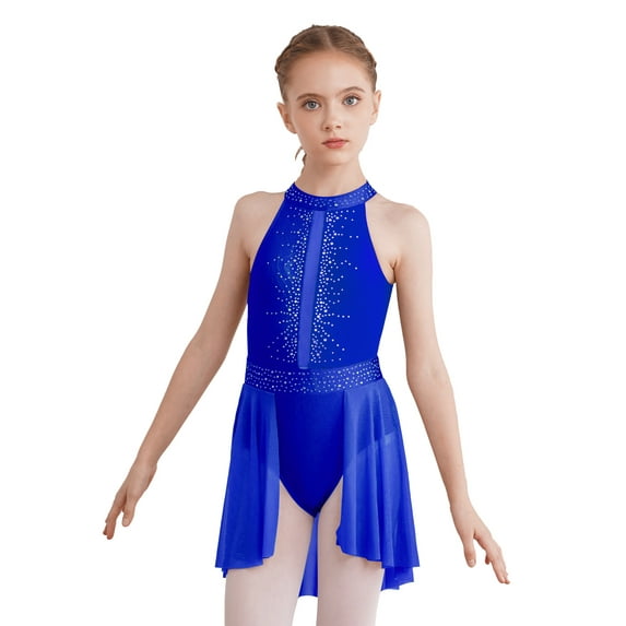 Doomiva Kids Girls Sleeveless Shiny Rhinestone Lyrical Dance Dress Skirted Leotard Figure Ice Skating Dress Dancewear Royal Blue 6