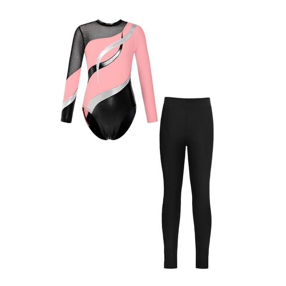 Doomiva Kids Girls Sparkle Long Sleeve Ballet Dance Gymnastics Leotard Bodysuit Unitard with Leggings Trousers Set Pink&Black 8