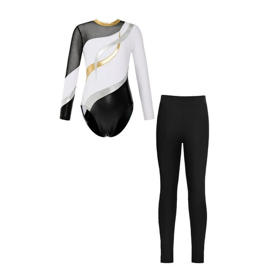 Doomiva Kids Girls Sparkle Long Sleeve Ballet Dance Gymnastics Leotard Bodysuit Unitard with Leggings Trousers Set White&Black 8