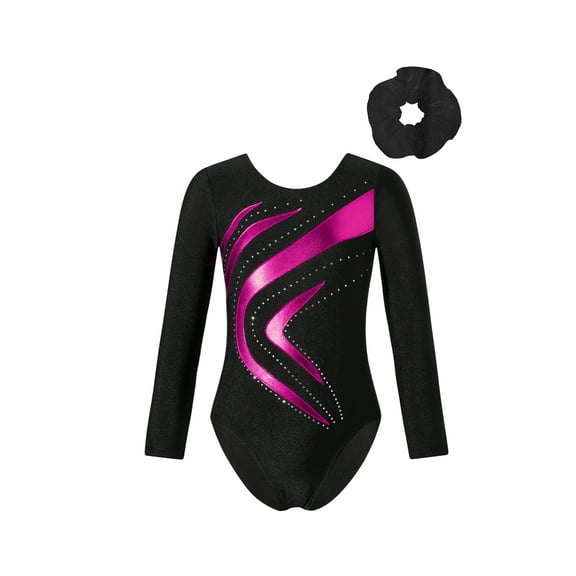 Doomiva Kids Girls Sparkle Waves Metallic Long Sleeve Gymnastics Ballet Dance Leotard with Hair Scrunchies Hot Pink 6