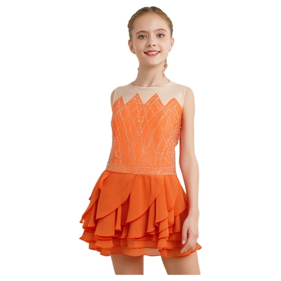 Doomiva Kids Girls Sparkly Figure Skating Dress Sleeveless Modern Ice Skating Dress for Dance Practice Training Orange 8
