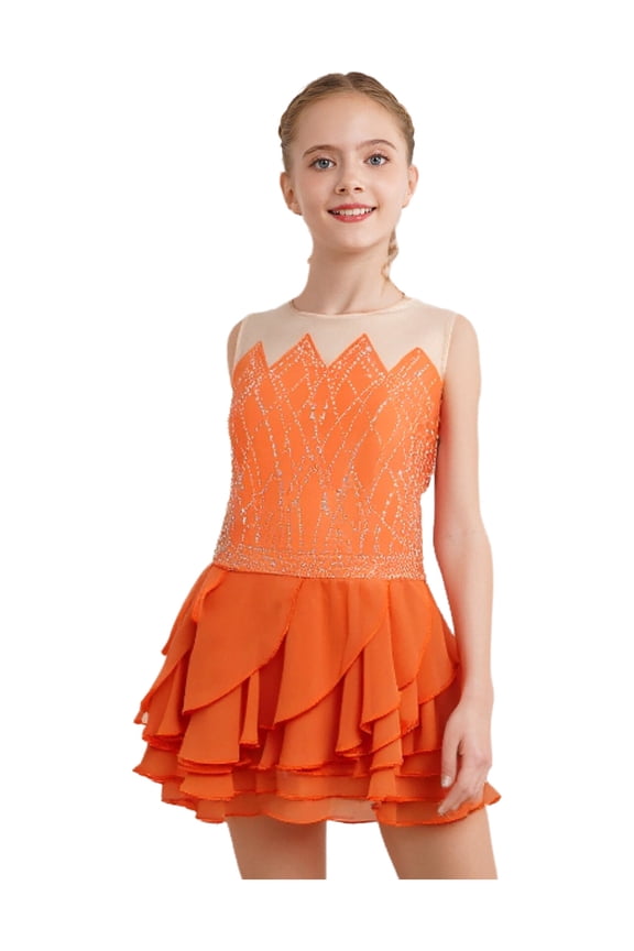 Kids Girls Sparkly Figure Skating Dress Sleeveless Modern Ice Skating Dress for Dance Practice Training Orange 8