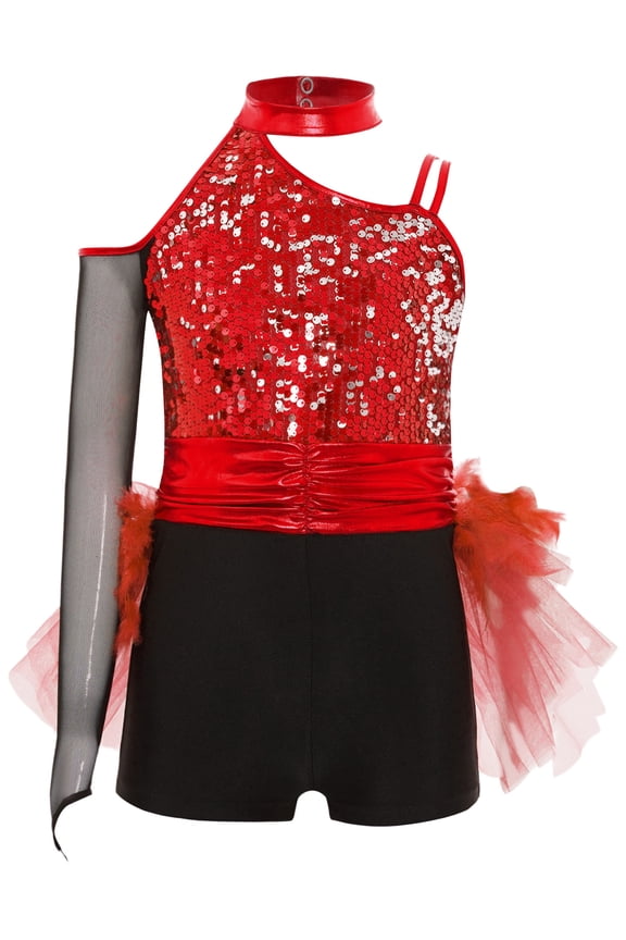 Kids Girls Sparkly Gymnastics Leotard Latin Jazz Ballet Dance Mesh Tutu Skirted Jumpsuit Ballerina Outfit Red 14