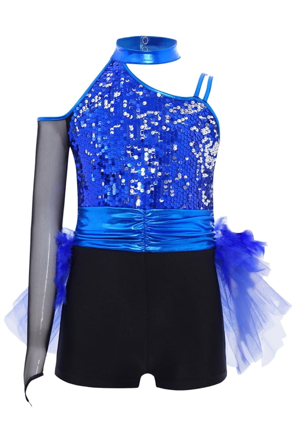 Kids Girls Sparkly Gymnastics Leotard Latin Jazz Ballet Dance Mesh Tutu Skirted Jumpsuit Ballerina Outfit Royal Blue 16