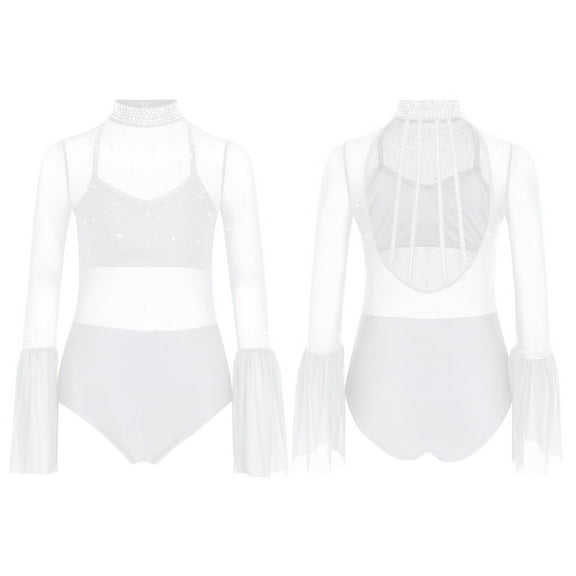 Doomiva Kids Girls Sparkly Gymnastics Leotard Rhinestone Flare Long Sleeve Lyrical Skating Ballet Dance Bodysuit White 10