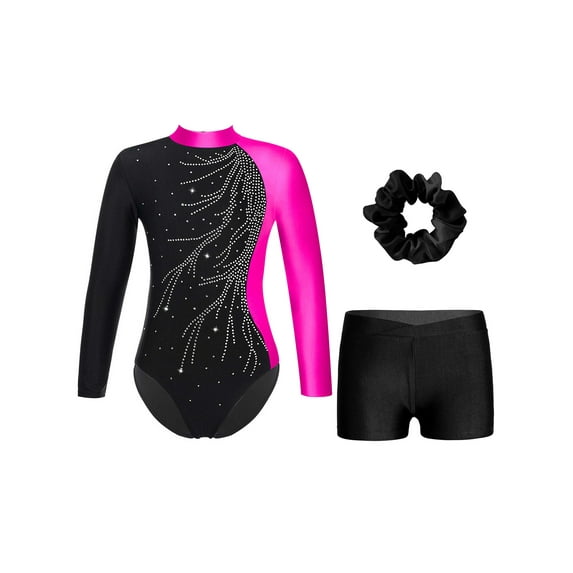 Doomiva Kids Girls Sparkly Gymnastics Leotard Unitard Dance Biketard with Shorts Hair Scrunchies Set Rose&Black 16