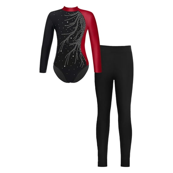 Doomiva Kids Girls Sparkly Long Sleeves Gymnastics Leotard Ballet Dance Bodysuit Unitard with Skating Leggings Set Burgundy&Black 14
