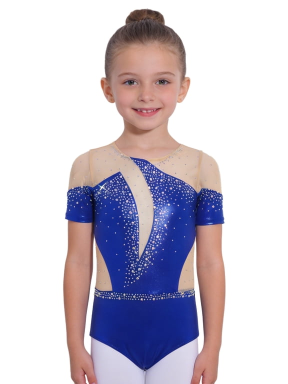 Kids Girls Sparkly Rhinestone Short Sleeve Gymnastics Leotard Skating Jumpsuit Tumbling Bodysuit Biketard Blue 6