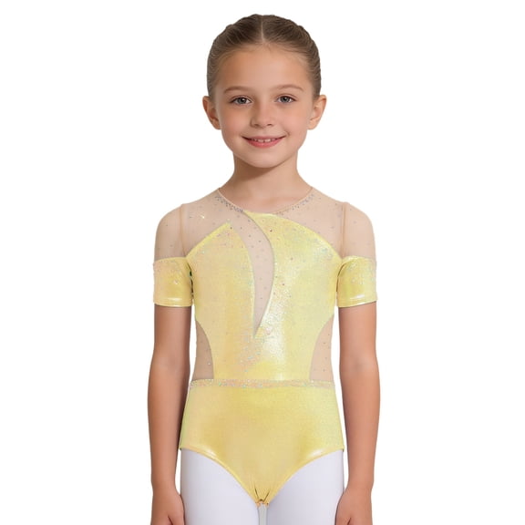 Doomiva Kids Girls Sparkly Rhinestone Short Sleeve Gymnastics Leotard Skating Jumpsuit Tumbling Bodysuit Biketard Yellow 6
