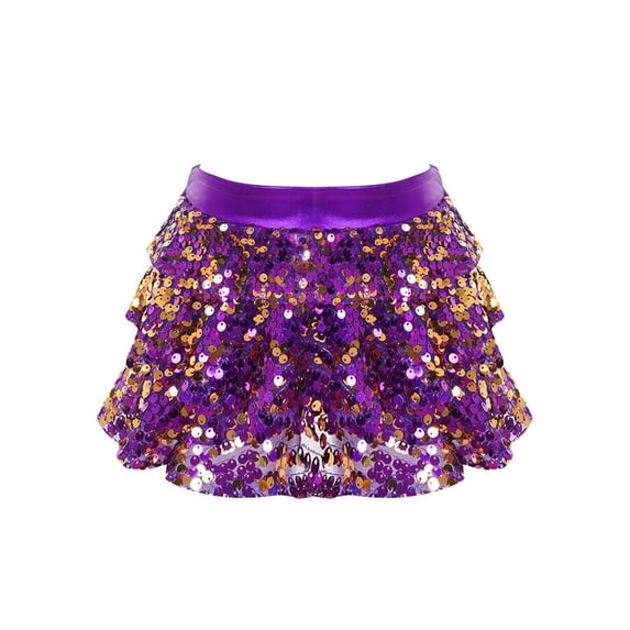 Doomiva Kids Girls Sparkly Sequins Tiered Ruffle Skirted Shorts Latin Jazz Salsa Rumba Dance Costume Purple 10